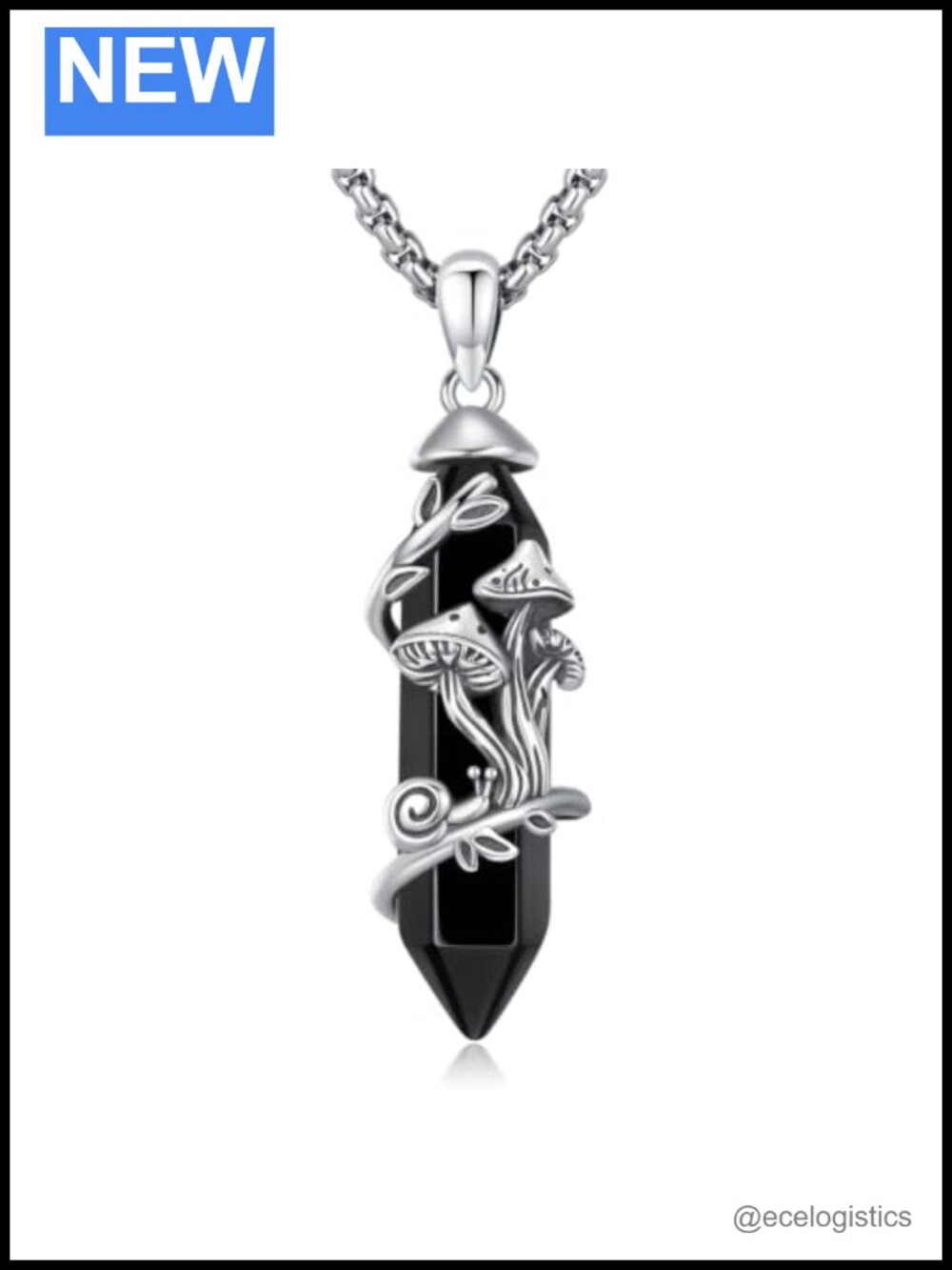 Eusense Mushroom Obsidian Crystal Pendant Necklace Silver Plated Brass 22 in